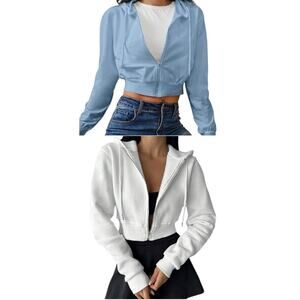 NWOT ~ Set/2 Women's Cropped Soft Short Light Blue & White Hoodies ~ MEDIUM